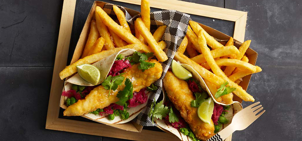 Smashed Peas & Beer Batter Fish Tacos