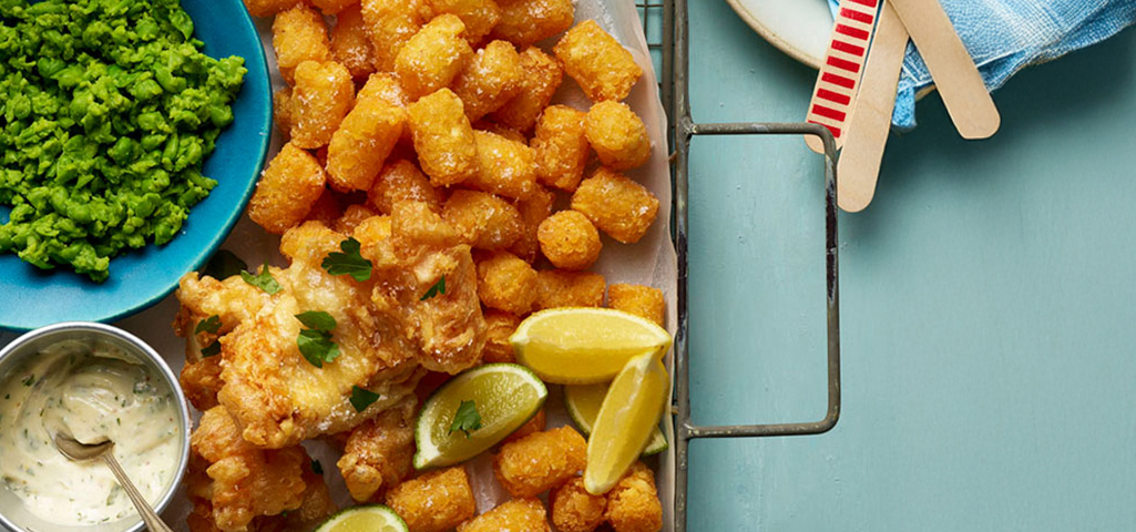Battered Fish with Smashed Peas and Hash Brown Nuggets