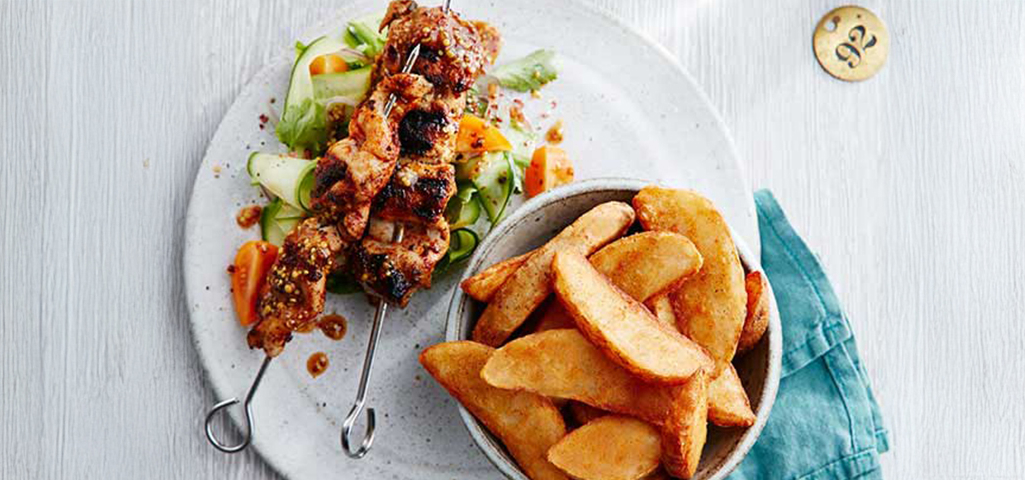 Honey Soy & Seeded Mustard Chicken Skewers with Cucumber & Tomato Salad